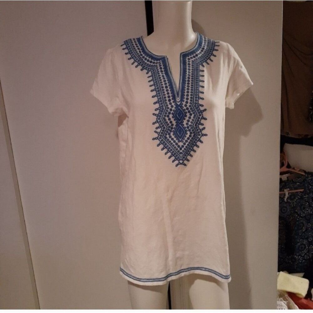 C. Wonder top s blue cotton knit boho tunic top embroidered shirt summer blouse